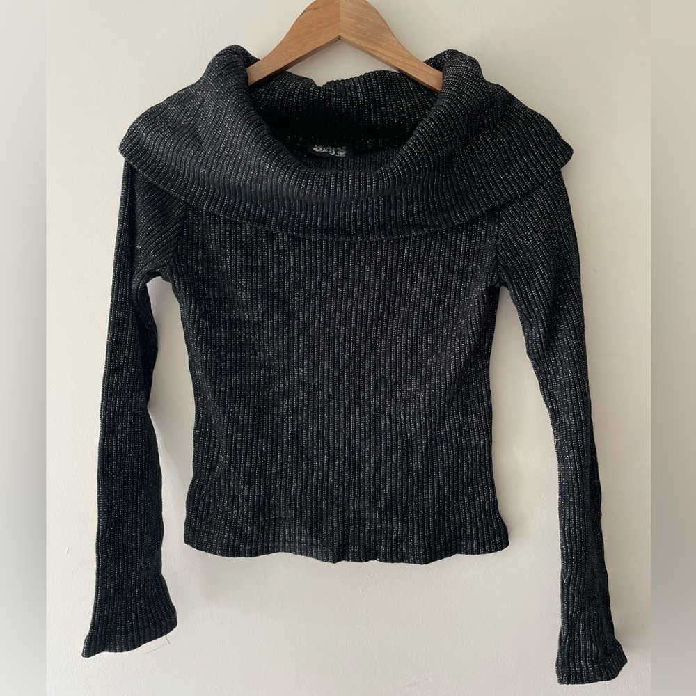 Vintage Black Ribbed Cowl Neck Top
